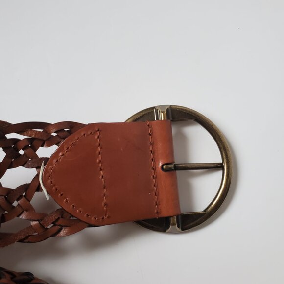 Lauren Ralph Lauren Wide Woven Brown Leather Belt Large Ring Buckle Length 38" - Picture 6 of 7